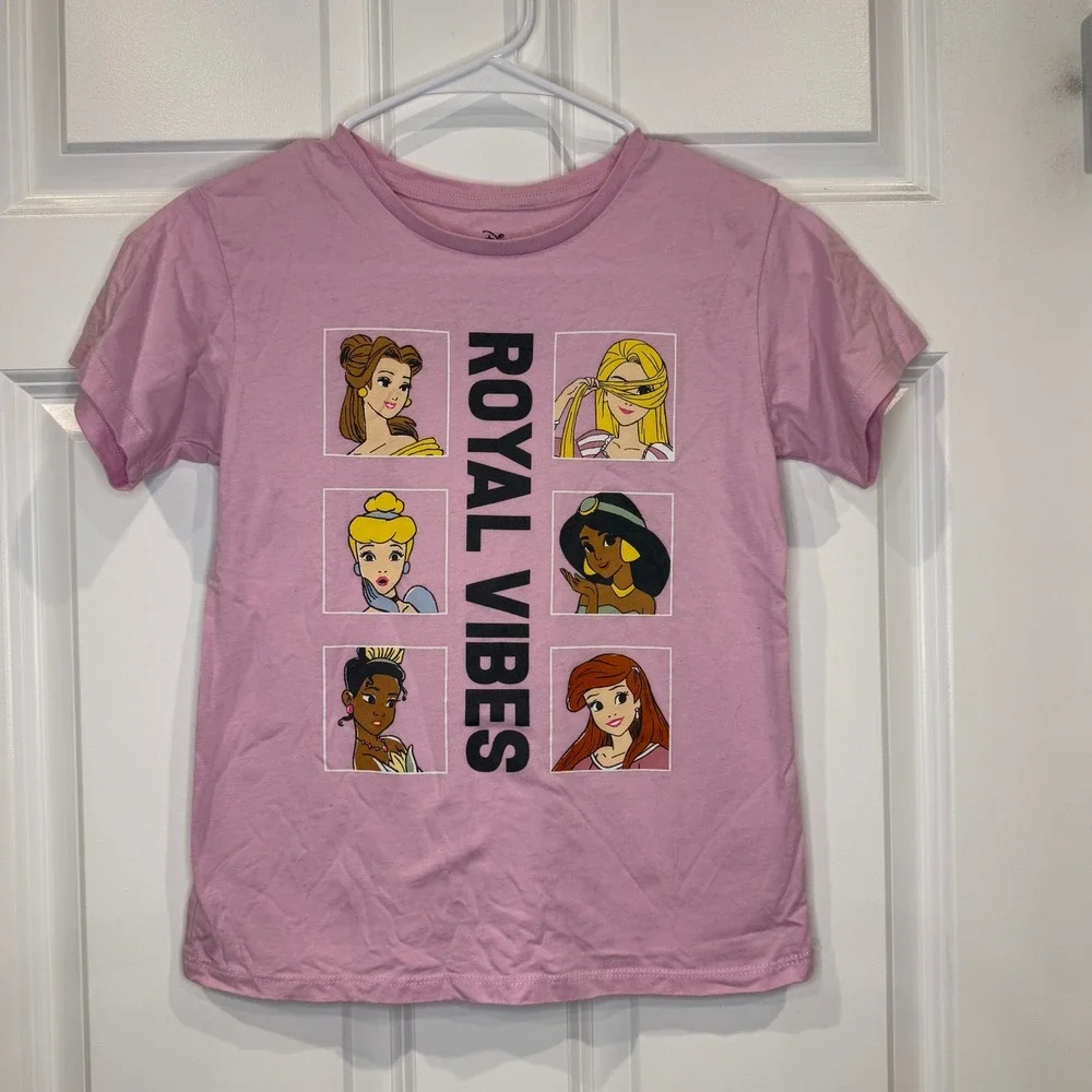 Disney Princess Royal Vibes‎ Pink Graphic T-Shirt Kids Size M 7/8 Belle Ariel